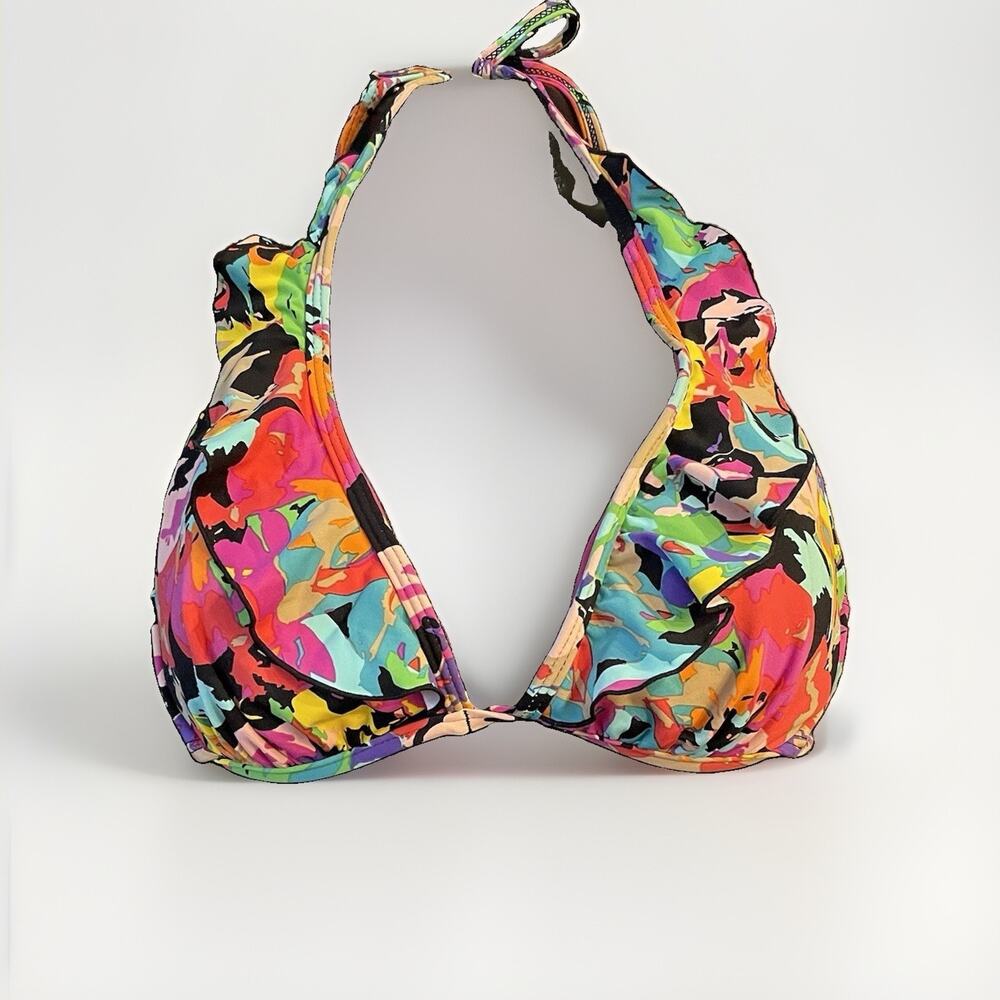 Kenneth Cole Reaction Floral Multicolor Pink Halter Bikini Top Adjustable M